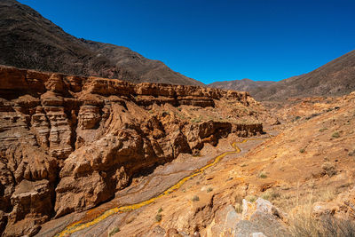 Scenic view of mountains against clear blue sky