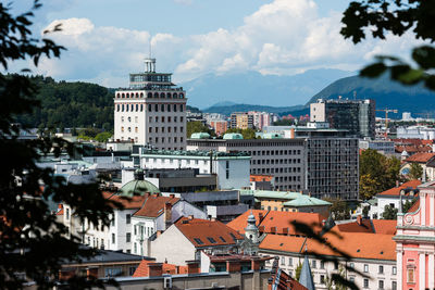 High angle view of buildings in city