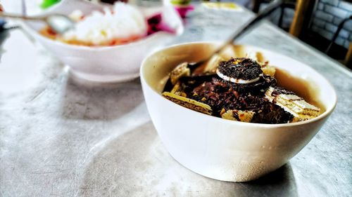 High angle view of dessert in bowl on table