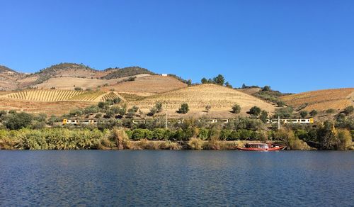 Scenic view of river against clear blue sky