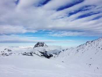 Scenic view of snow covered mountains against sky