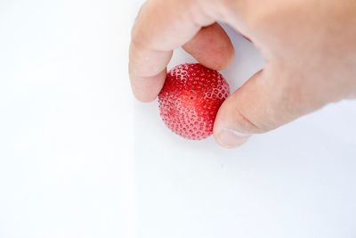 Close-up of hand holding strawberry over white background