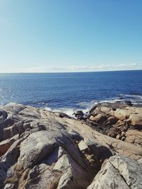 Scenic view of sea against clear blue sky