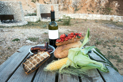 Close-up of food and wine on table