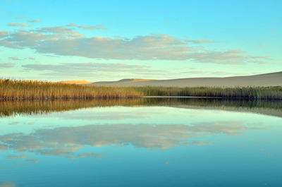 Scenic view of lake against sky during sunset