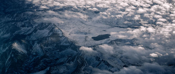 Aerial view of snowcapped mountains against sky