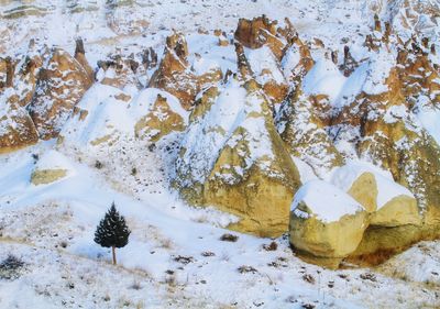 High angle view of rocks on snow covered land