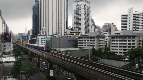 Railroad tracks amidst buildings in city against sky