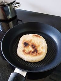 High angle view of bread in cooking pan