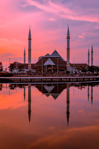 Reflection of city at sunset