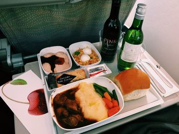 High angle view of food served on table