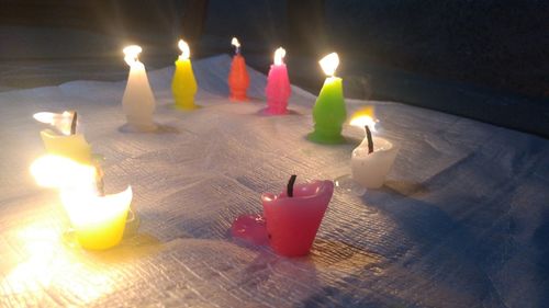 Close-up of lit candles on birthday cake