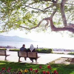 Rear view of woman sitting on bench
