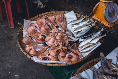 High angle view of fishes for sale in market