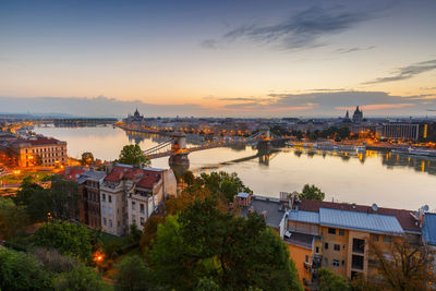 View of the chain bridge, parliament and st. stephen's basilica.