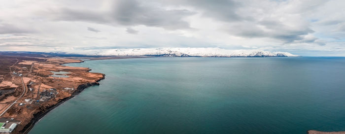 Aerial scenic view of the historic town of husavik