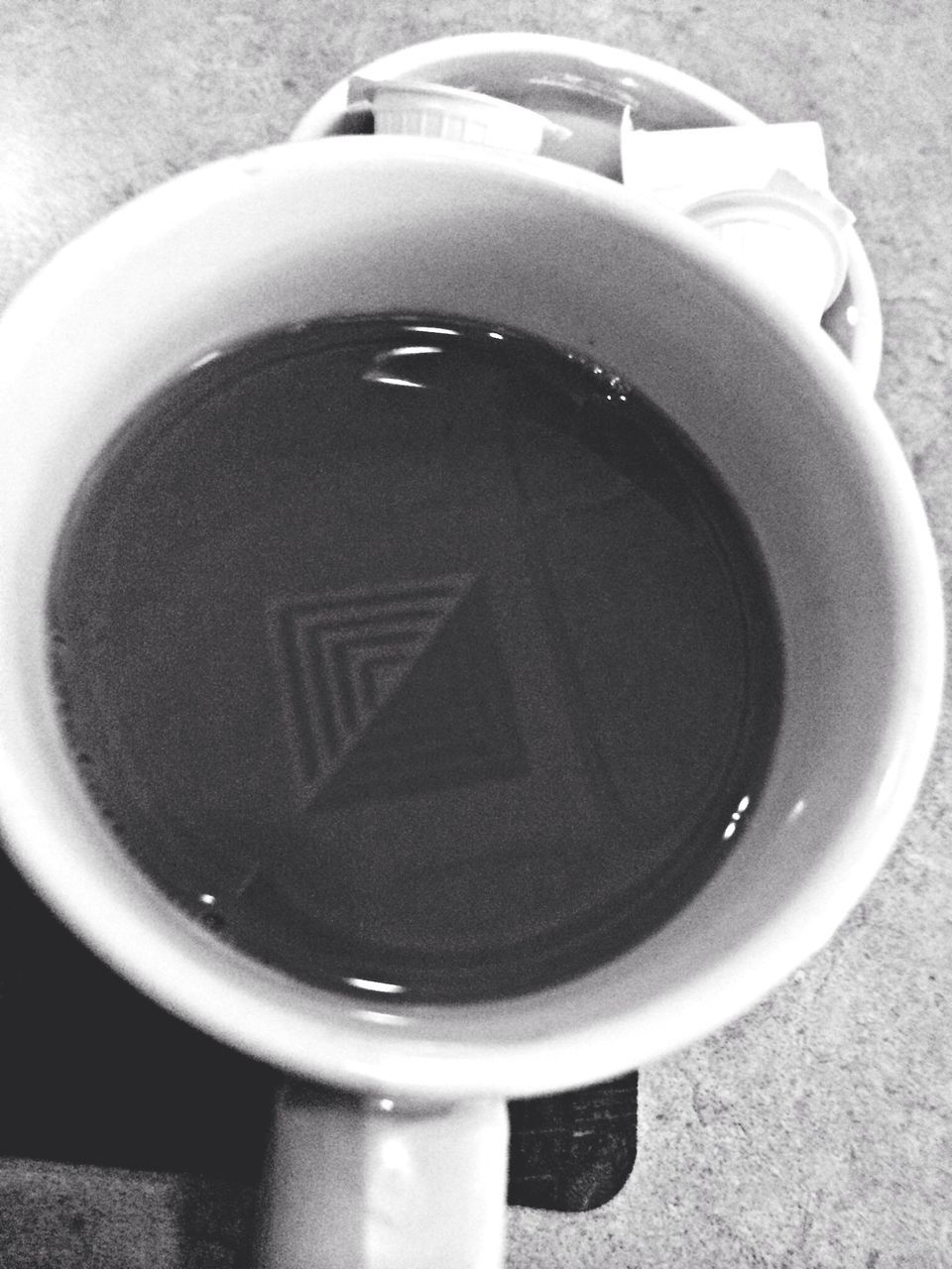 coffee cup, close-up, high angle view, indoors, drink, coffee - drink, still life, directly above, cup, coffee, refreshment, circle, no people, table, saucer, sunglasses, food and drink, black color, day, reflection