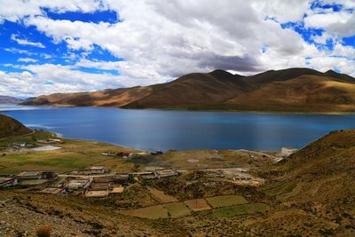 Calm lake with mountains in background