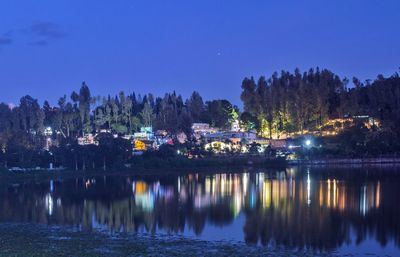 Scenic view of lake against blue sky at dusk