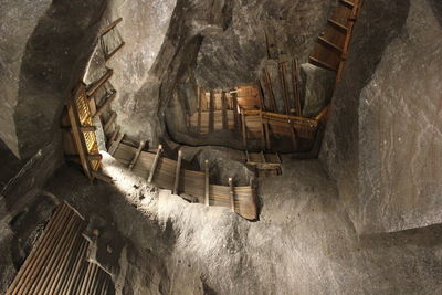 High angle view of staircase in cave