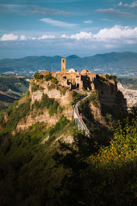 Aerial view of fort on hill against sky