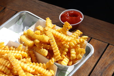 High angle view of pasta in plate on table