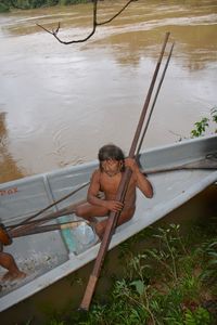 High angle view of boy in lake