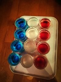 High angle view of glasses on table