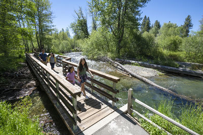 People on footbridge in forest