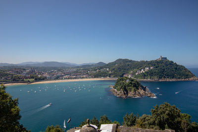 Scenic view of bay against clear blue sky