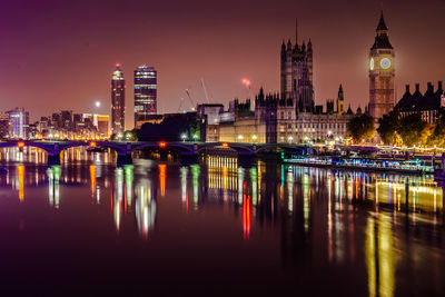 Reflection of illuminated buildings in water