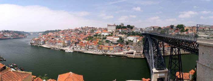 High angle view of bridge over river amidst buildings in city