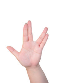 Close-up of human hand against white background