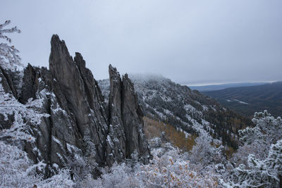 Scenic view of snow covered mountains against sky