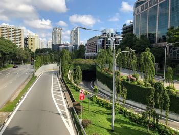 Panoramic view of city street and buildings against sky