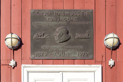 Close-up of text on door