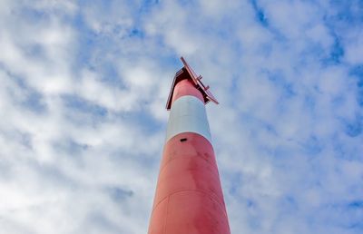 Low angle view of red lighthouse against sky