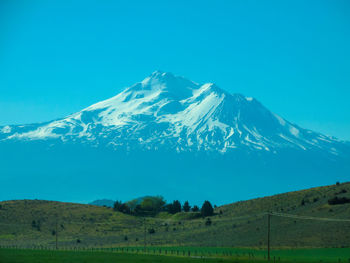 Scenic view of snowcapped mountains against clear blue sky