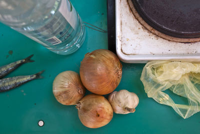 High angle view of eggs in container on table