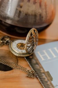 High angle view of coins on table