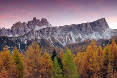 Scenic view of rocky mountains during sunset