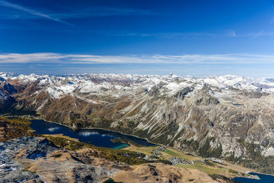 Scenic view of snowcapped mountains against blue sky