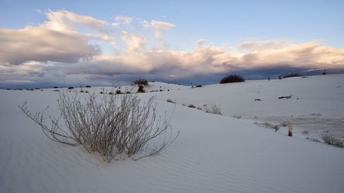 Scenic view of snow covered land against sky