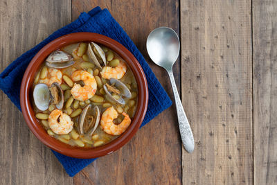 High angle view of soup in bowl on table