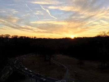 High angle view of road against sky at sunset