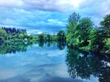 Scenic view of lake against cloudy sky