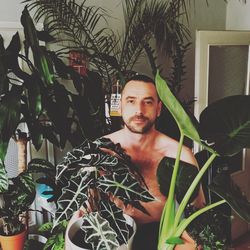 Portrait of young man sitting on potted plant