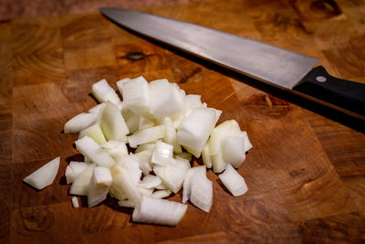 High angle view of chopped vegetables on cutting board