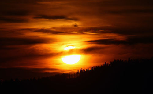 Silhouette trees against orange sky