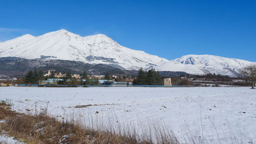 Scenic view of snowcapped mountains against clear sky